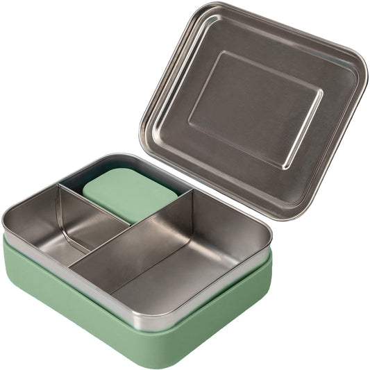 WeeSprout 18/8 Stainless Steel Bento Box (Compact Lunch Box) - 3 Compartment Metal Lunch Containers, for Kids & Adults, Bonus Dip Container, Fits in Lunch Bag & Backpack